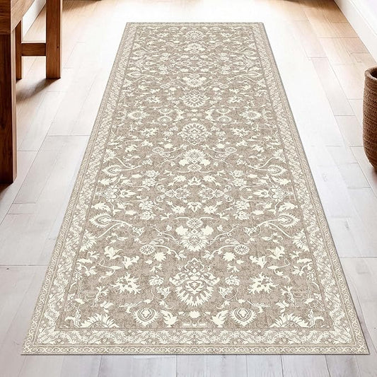 Washable Runner Rug 2x6 | Non Slip Rug Runners for Hallways, Entryways, Kitchens, Bathrooms, Bedrooms | Ultra-Soft Flannel Carpet Runners with Rubber Backing (Floral Sand, 2x6)