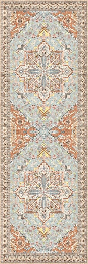 Washable Runner Rug 2x6 | Non Slip Rug Runners for Hallways, Entryways, Kitchens, Bathrooms, Bedrooms | Ultra-Soft Flannel Carpet Runners with Rubber Backing (Light Teal/Rust, 2x6)