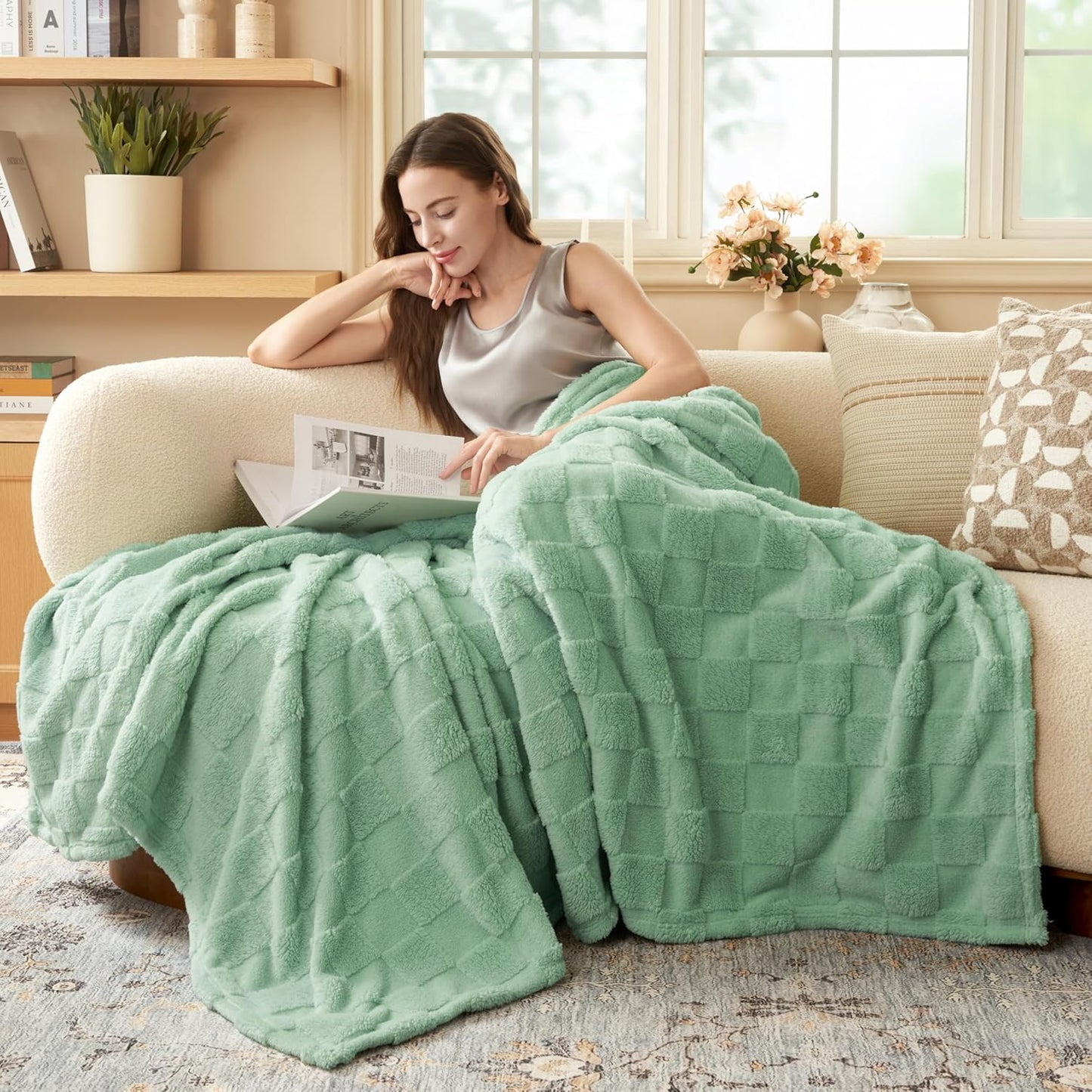 Joiedomi Twin Blanket for Bed, Soft Sage Green Fleece Checkered Blankets Gifts for Women Mom Girls, 280GSM Cozy Cute Soft Throw Home Room Decor Aesthetic Gifts 60x80 Inches