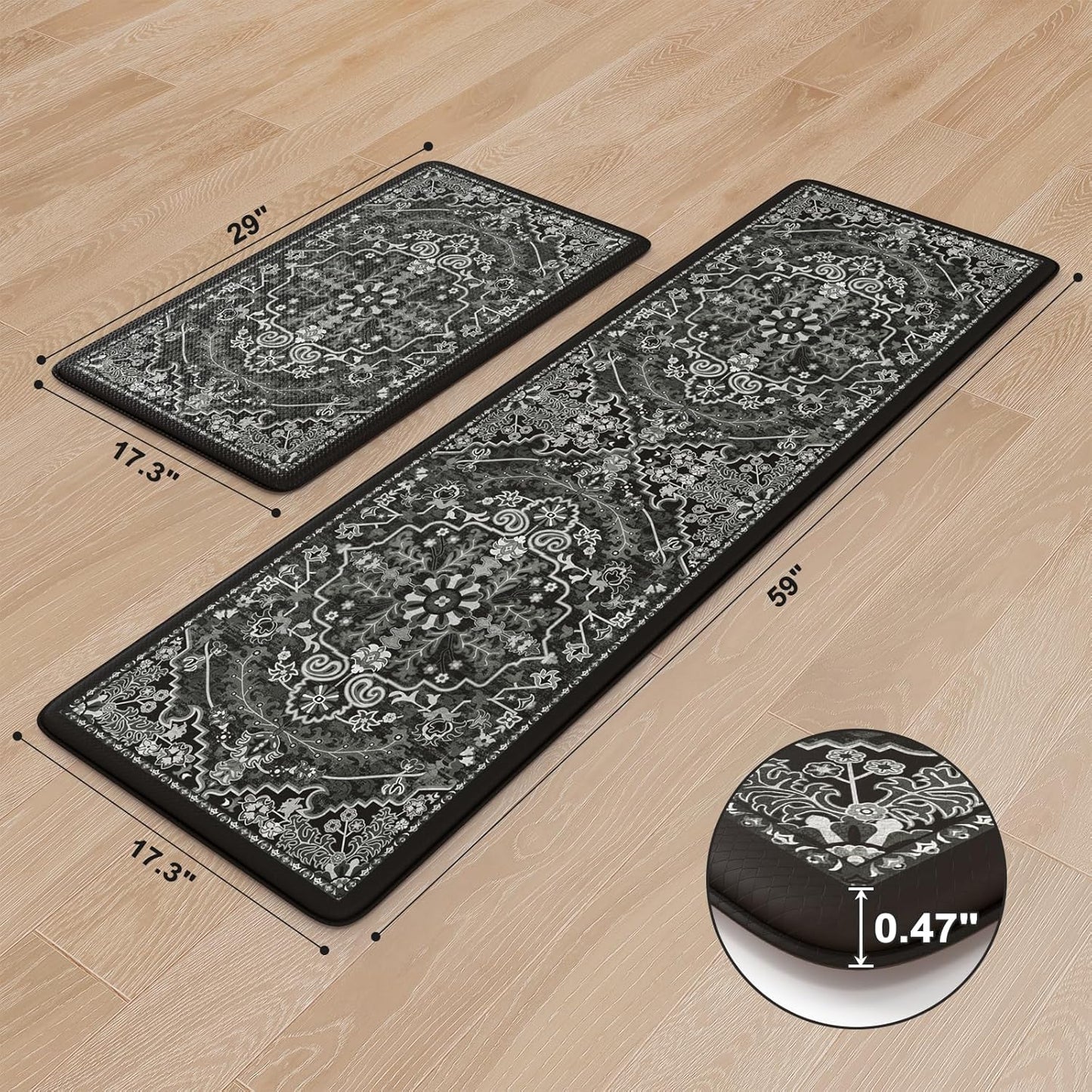 KIMODE Anti Fatigue Kitchen Mat Cushioned, Boho Distressed Kitchen Rugs Sets of 2, Non Slip Memory Foam Kitchen Mat for Floor, Standing Desk Mat for Laundry Office Sink 17.3"x29"+17.3"x59" Black