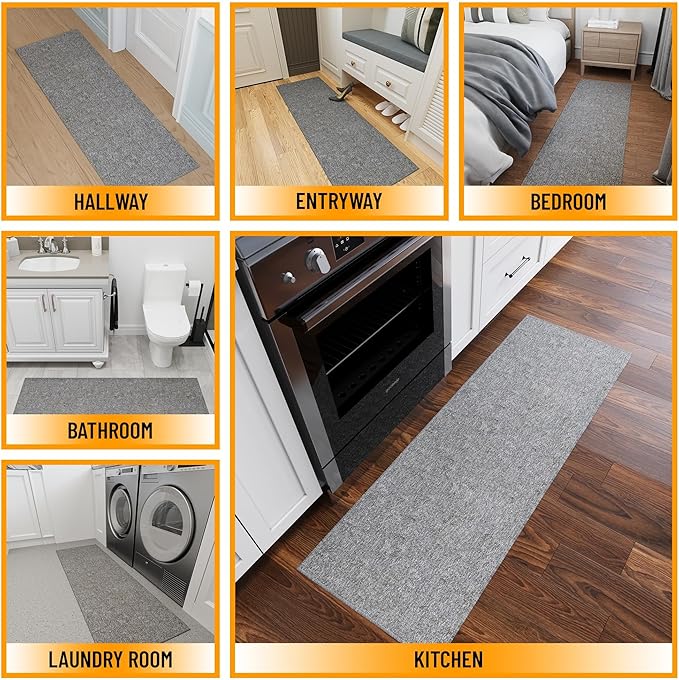 Ottomanson 20" x 59" Ultra-Thin Hallway Runner Rug - Durable Non-Slip Carpet for High-Traffic Areas - Fits Under Doors for Seamless Entry - Ideal for Kitchen, Entryway, Bedroom & Living Room, Gray