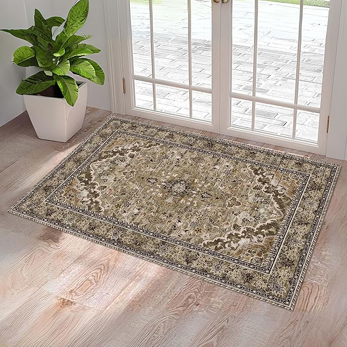 Washable Entryway Rug 3x5 | Non Slip Rug Runners for Hallways, Entryways, Kitchens, Bathrooms, Bedrooms | Ultra-Soft Flannel Carpet Kitchen Rug with Rubber Backing (Sage Grey Brown, 3x5)