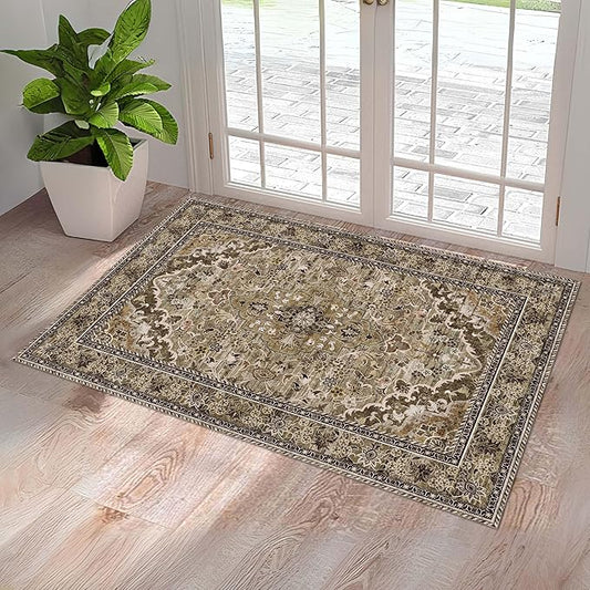 Washable Entryway Rug 3x5 | Non Slip Rug Runners for Hallways, Entryways, Kitchens, Bathrooms, Bedrooms | Ultra-Soft Flannel Carpet Kitchen Rug with Rubber Backing (Sage Grey Brown, 3x5)