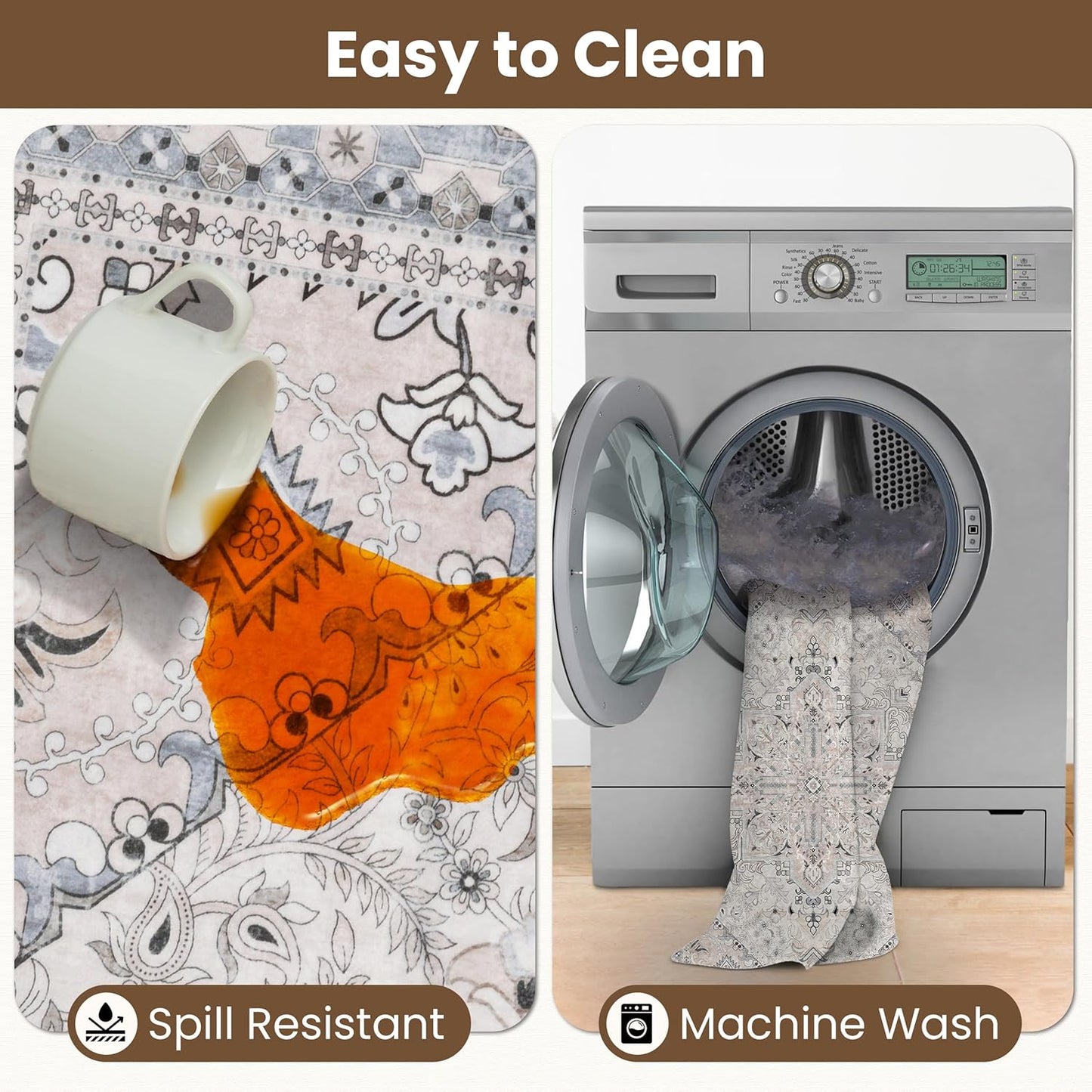 Washable Area Rug 5x8 | Non Slip Area Rug for Living Room, Bedrooms, Dining Room | Ultra-Soft Flannel Carpet Area with Rubber Backing (Beige Blue, 5x8)