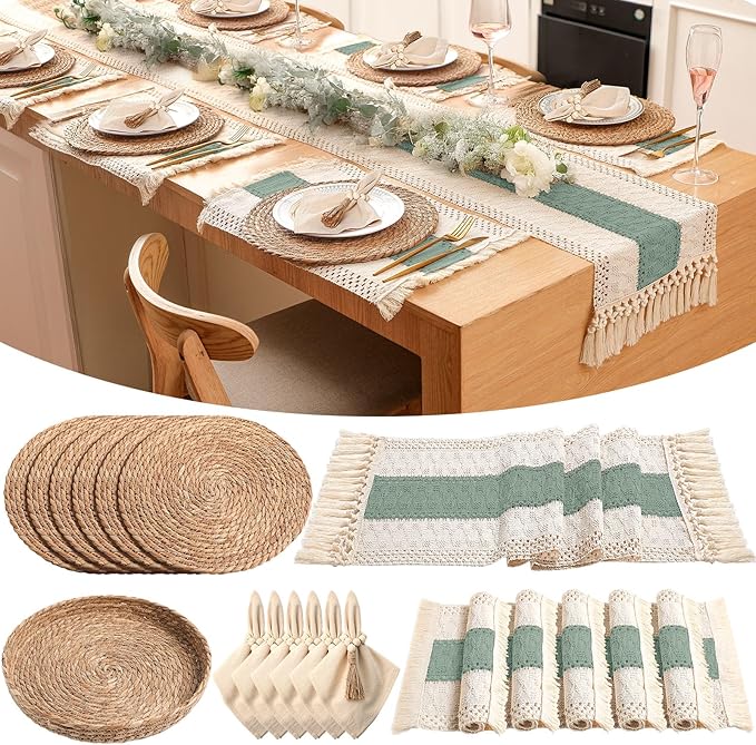 6 Sets Boho Placemats Round Woven Placemats, Cloth Napkins, Wood Bead Napkin Rings, Long Table Runner and Farmhouse Rustic Natural Burlap Cotton for Kitchen Dining Table Home (Green)