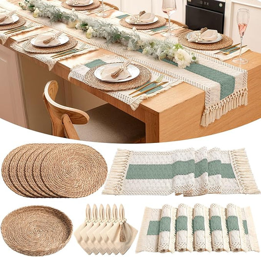 6 Sets Boho Placemats Round Woven Placemats, Cloth Napkins, Wood Bead Napkin Rings, Long Table Runner and Farmhouse Rustic Natural Burlap Cotton for Kitchen Dining Table Home (Green)