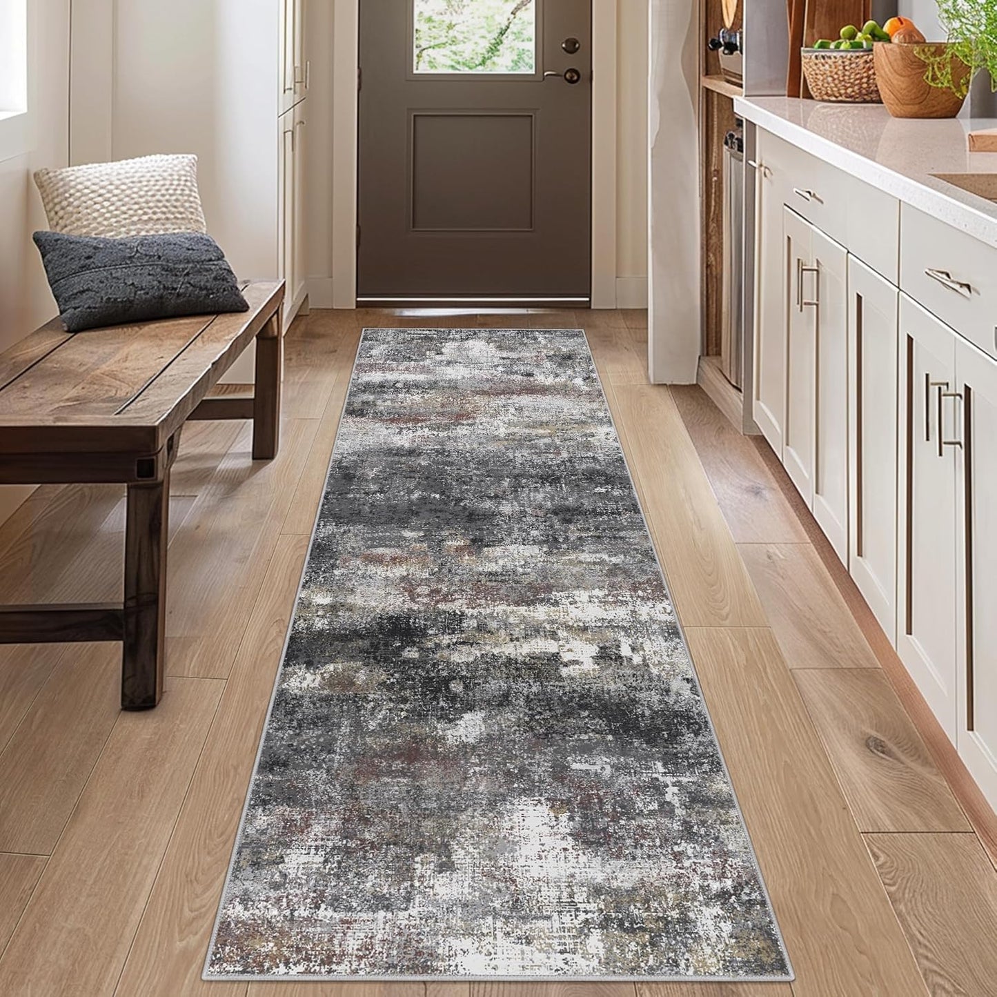 Runner Rug for Hallway Kitchen, 3x8 Machine Washable Runners Rug for Entryway, Soft Modern Abstract Throw Rugs, Low Pile Floor Cover with Non Slip Backing, Dark Gray