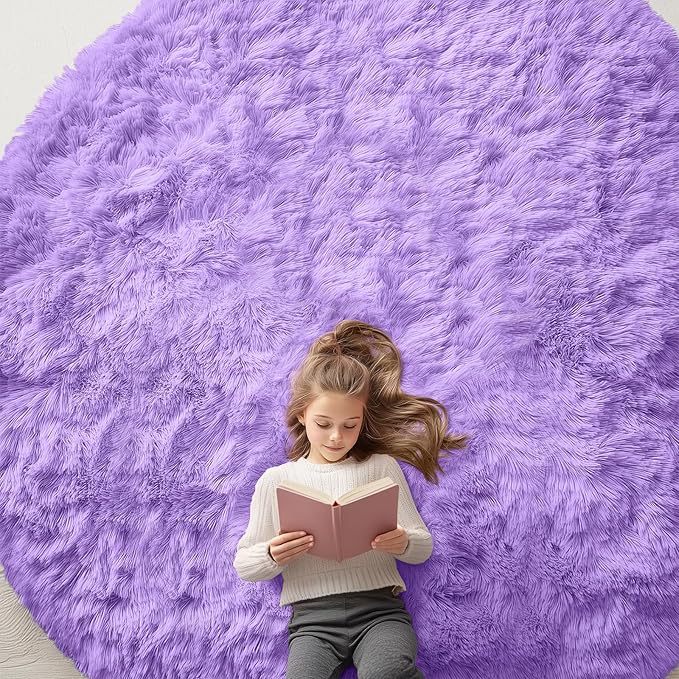 OLANLY Purple Round Rugs for Bedroom - Machine Washable, 9 ft Circle Area Rugs for Living Room, Soft and Fluffy Shaggy Carpet for Teen Girls and Boys, Nursery Rooms, Dorms, Home Decor Aesthetic