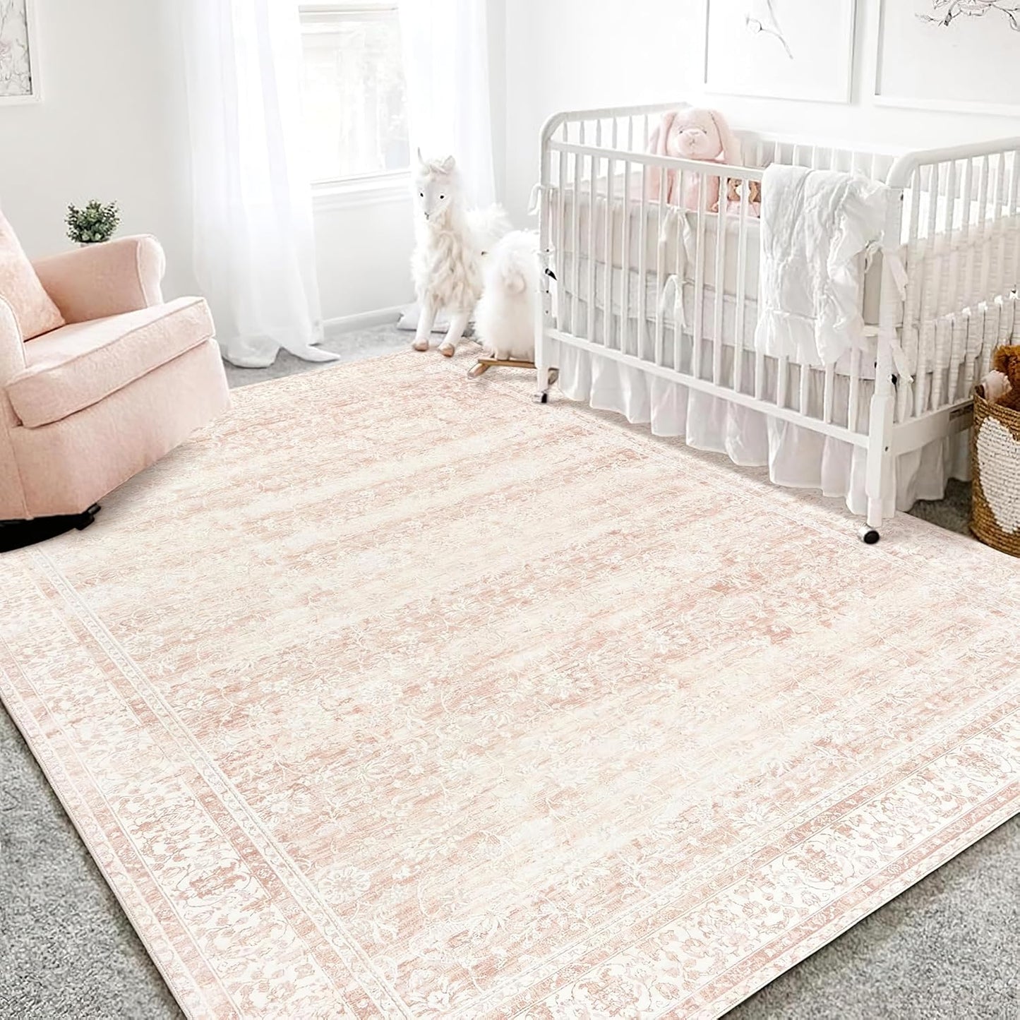 Nursery Rug for Baby Girl,Neutral Blush Pink Boho Cute Floral Foldable Machine Washable Soft Faux Wool Carpet Area Rugs for Living Room Bedroom Dorm Kids Playroom,5x7