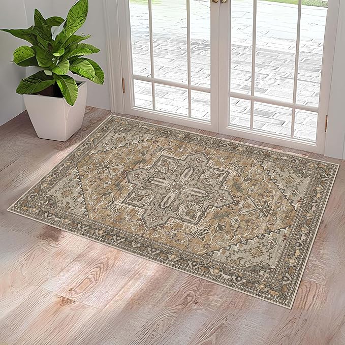 Washable Entryway Rug 3x5 | Non Slip Rug Runners for Hallways, Entryways, Kitchens, Bathrooms, Bedrooms | Ultra-Soft Flannel Carpet Kitchen Rug with Rubber Backing (Light Sage Brown, 3x5)