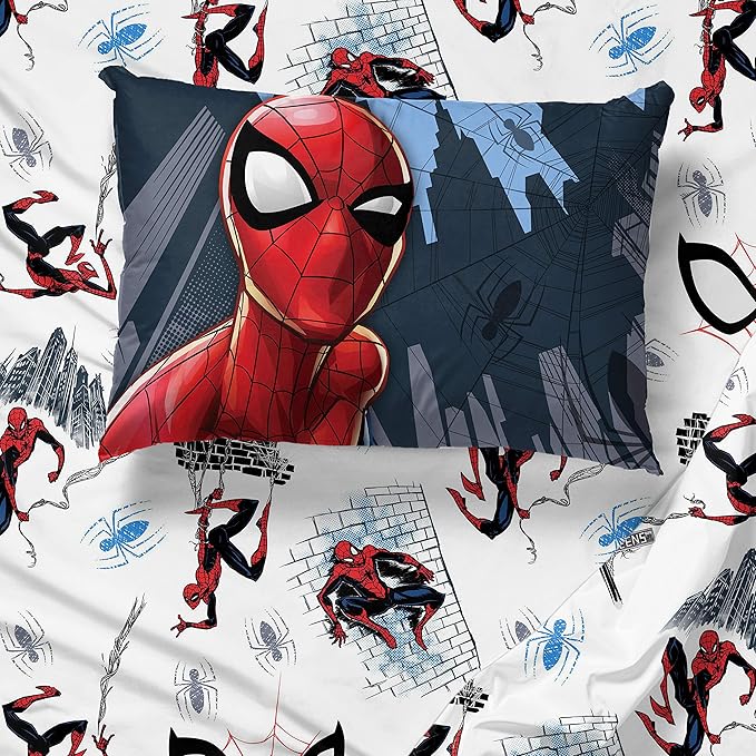Jay Franco Kids Sheet Set with Fitted, Flat Sheets & Pillow Cover - Ultra-Soft Bedding with Pillowcase for Room Decor, White - Spiderman, 4 Piece Queen