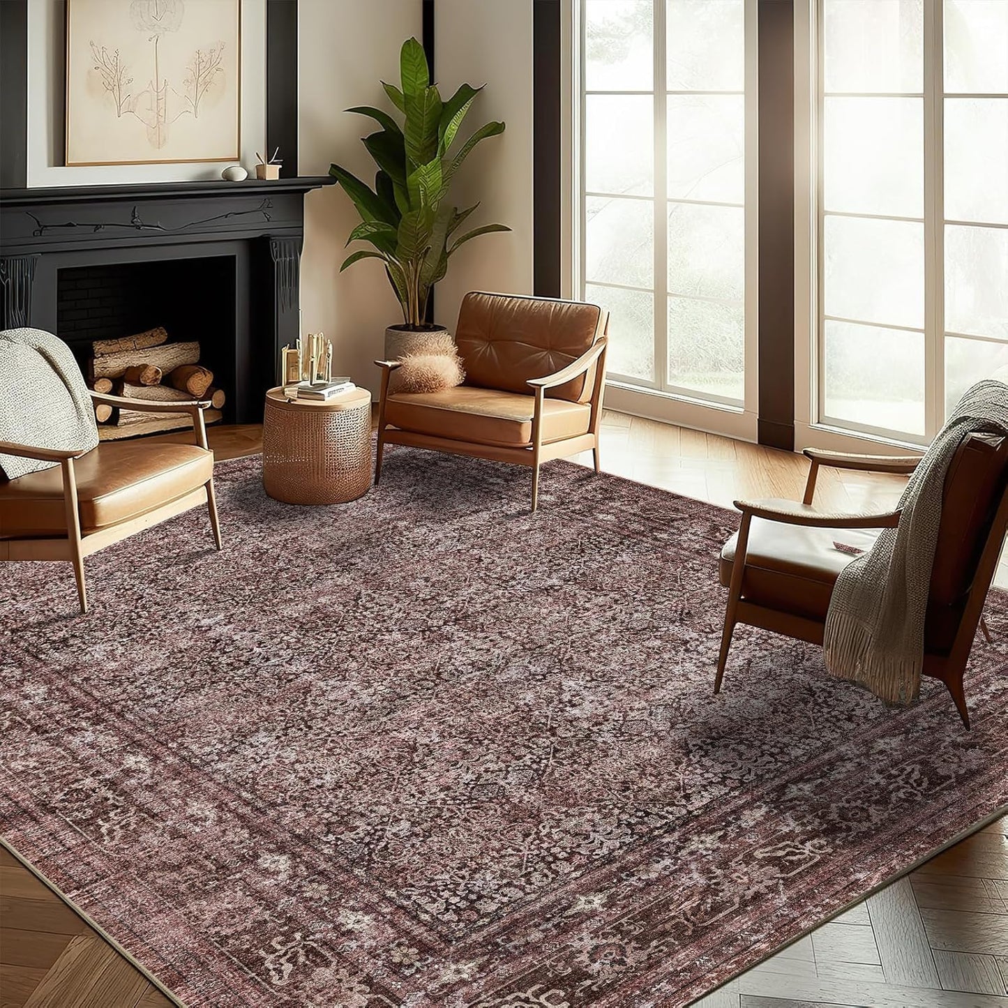 Washable Area Rug 9'x12' Retro Boho Design Non-Shedding Easy Care Ideal for High Traffic Areas in Living Room Bedroom Office Coffee Table Kitchen Large Carpet