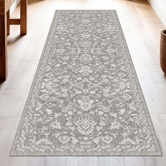 Washable Runner Rug 2x6 | Non Slip Rug Runners for Hallways, Entryways, Kitchens, Bathrooms, Bedrooms | Ultra-Soft Flannel Carpet Runners with Rubber Backing (Floral Taupe, 2x6)