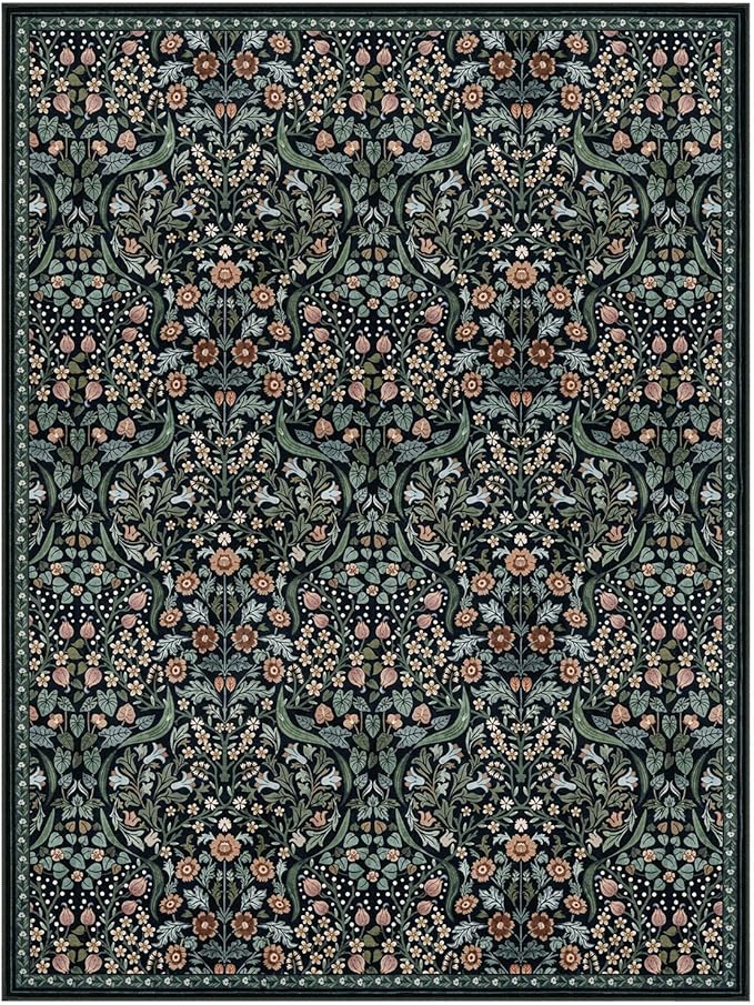 Lahome Floral 9x12 Black Rug for Living Room, Boho Thin Stain Resistant Dining Room Rugs for Under Table, Soft Carpet with Rubber Backing for Guestroom