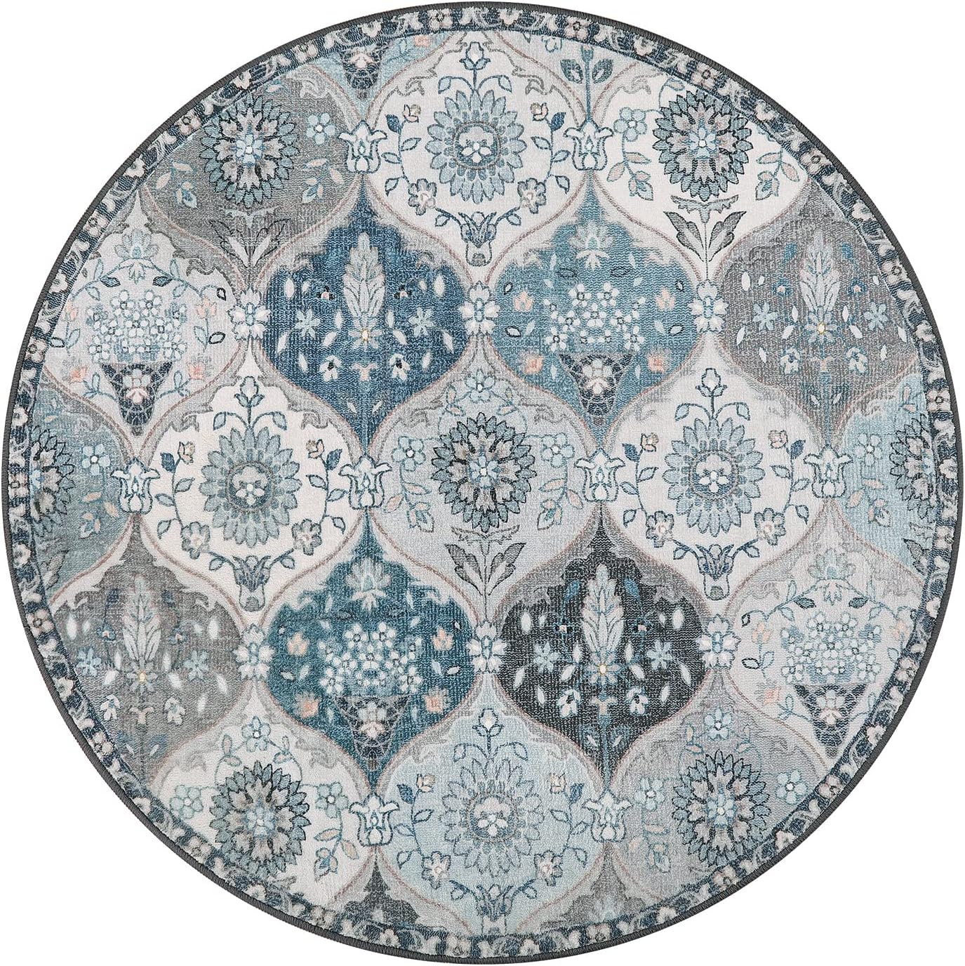 Lahome Moroccan Trellis Washable Round Rugs, Non-Slip Soft Round Rug 4ft Ultra-Thin, Small Vintage Circle Carpet for Entryway Kitchen Bedroom Nursery Bathroom, Blue