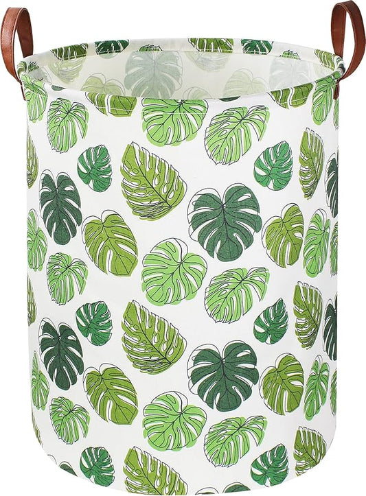 Round Green Laundry Hamper, Jungle Themed Nursery Decor, Tropical Pattern Basket, Monstera Room Decor,Waterproof Storage Bin, Gift Basket(Leaf)
