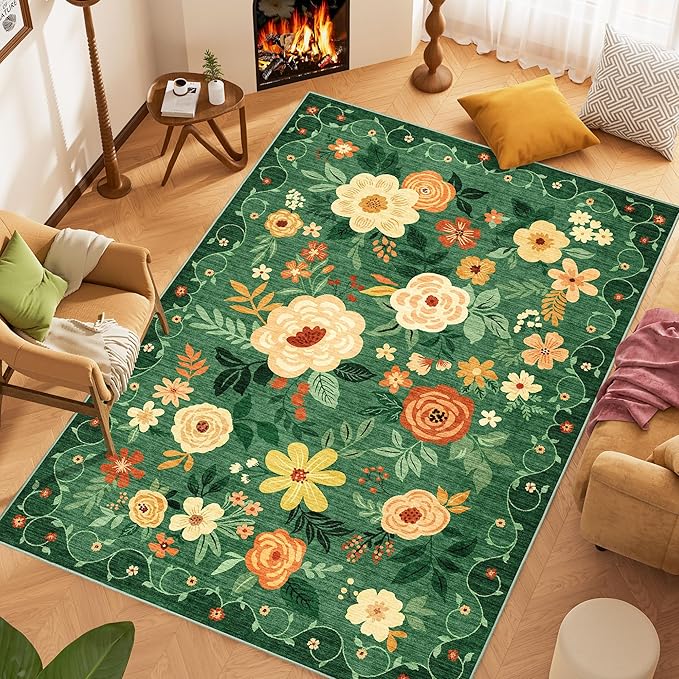 DUKINO 8x10 Area Rug, Floral Rugs for Living Room, Lightweight Non Slip Washable Rug, Indoor Low Pile & Non-Shedding Boho Design Rugs for Bedroom, Living Room, Dining Room, Dark Green