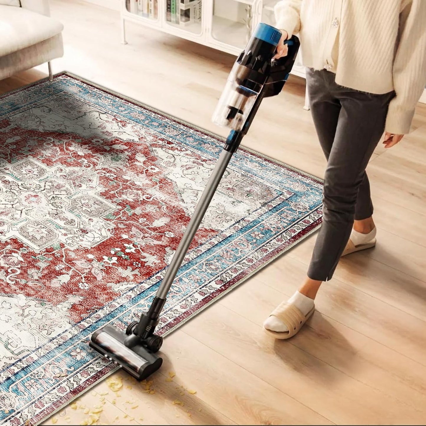 3'x5' Vintage Red Blue Washable Thin Area Rug Traditional Floor Cover Foldable Indoor Distressed Non Slip Carpet Floral Print Mat Bedroom Living Room Bathroom