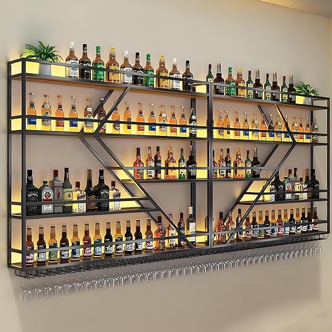 63in Wall Mounted Wine Rack, Large Metal Wine Bottle Holder, 4 Tier Modern Fashion Diamond Shaped Floating Bar Unit Wine Storage Shelves, for Home Restaurant Bars Decor (Black, 4 Tier - 63in)