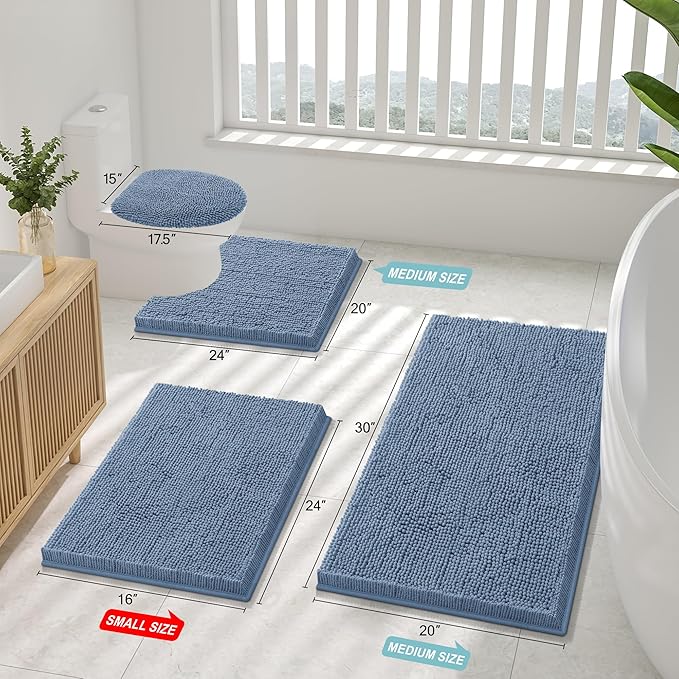 Smiry Luxury Chenille Bathroom Rugs 34x21, Extra Soft and Absorbent Shaggy Bath Mat, Machine Washable, Non-Slip Plush Carpet Runner for Tub, Shower, and Floor, Home Decor Accessories, Grayish Blue