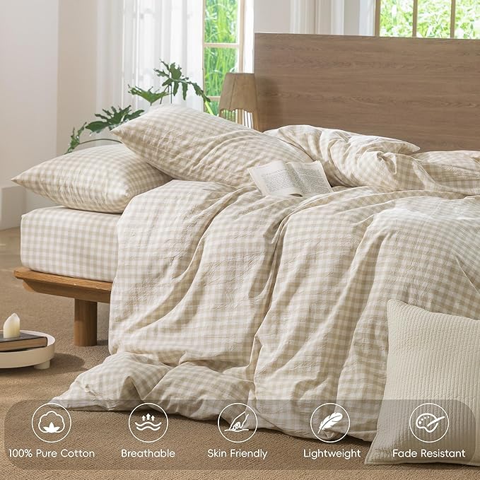 MooMee Gingham Duvet Cover Set 100% Washed Cotton Linen Like Textured Breathable Durable Soft Comfy Modern Checkered Design (Almond Milk Grey Gingham, Cal King 104"x98")