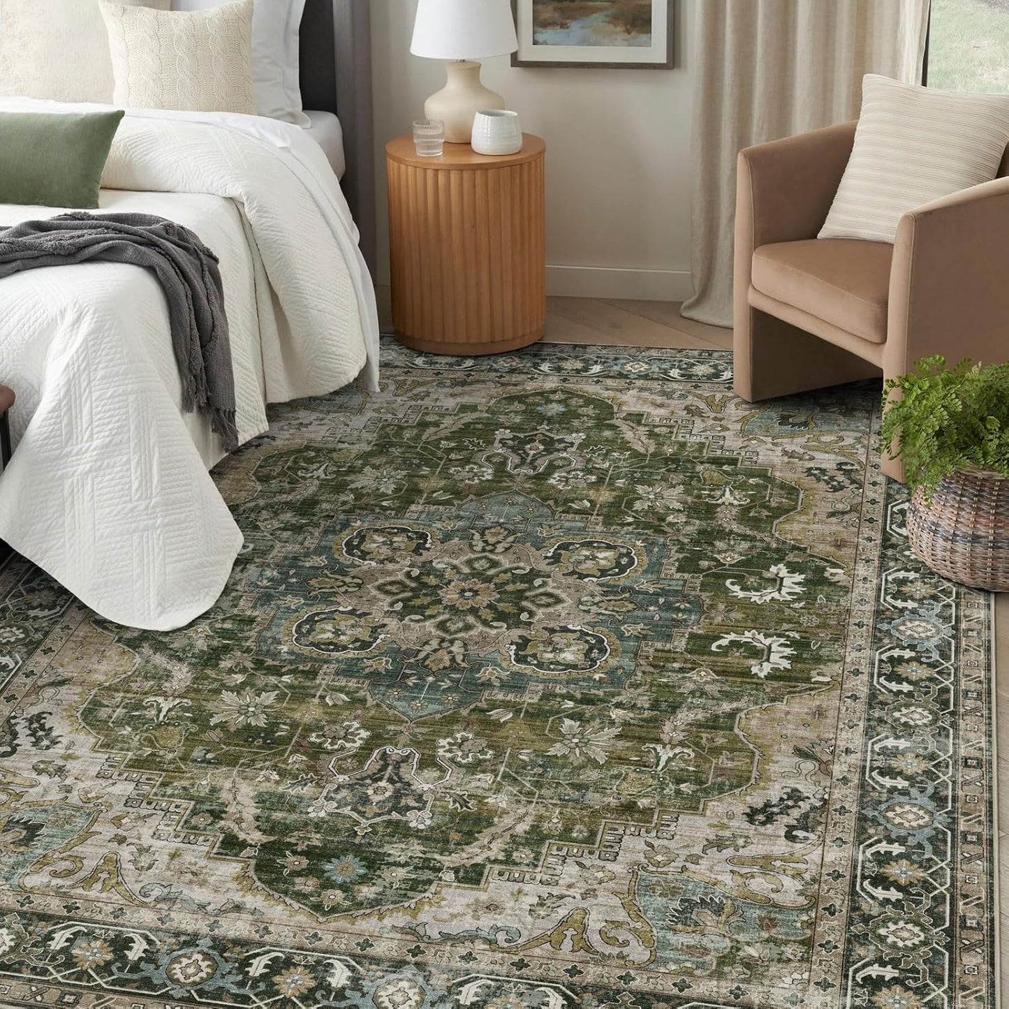 6x9 Area Rug for Living Room - Large Oriental Washable Rugs for Bedroom Non-Slip Moss Green Stain Resistant Dining Room Rug Farmhouse Low-Pile Carpet Soft Vinatge Rug for Office Guest Room