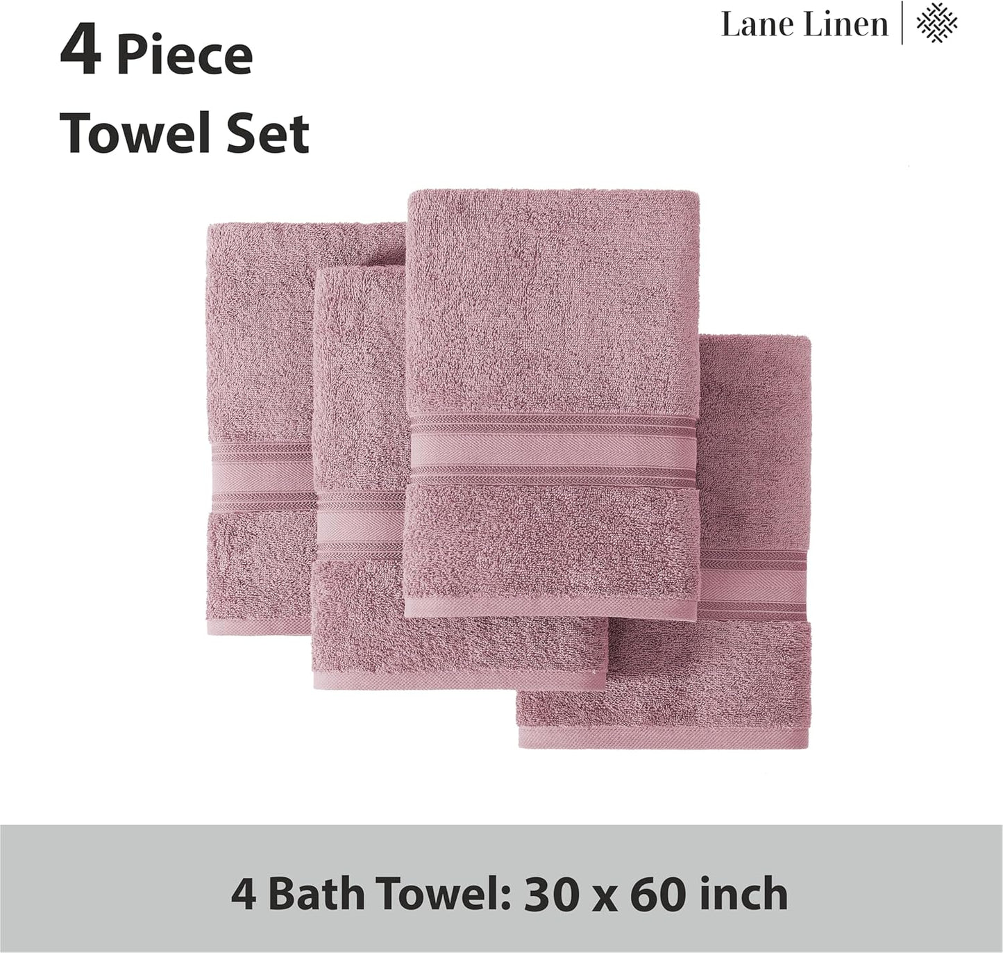 LANE LINEN 100% Cotton Large Bath Towels Set of 4 (30"x60") - Zero Twist, Mercerized Cotton Bathroom Towel 4 Pack - Quick Dry, Soft & Absorbent Large Towels Set - Oeko Tex Certified - Wishful Mauve