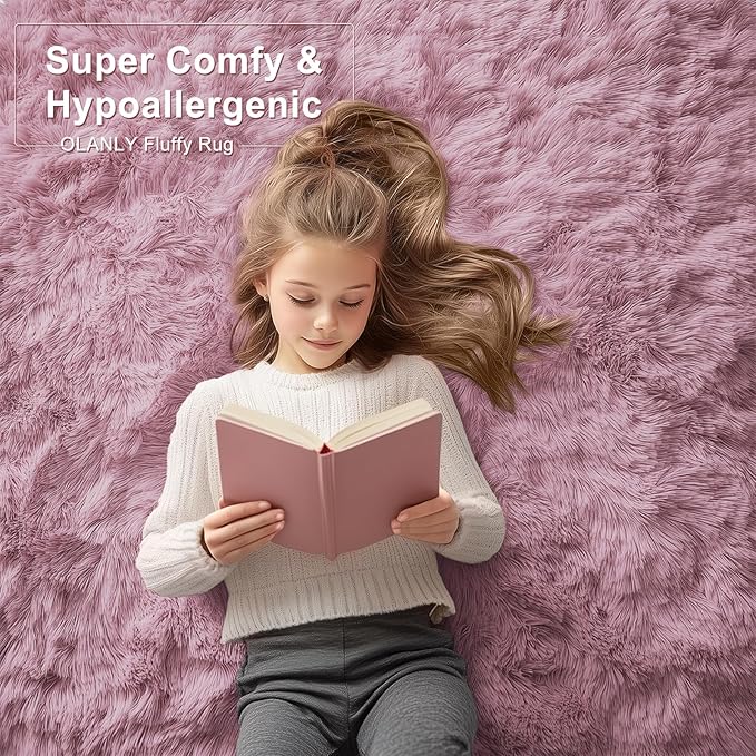 OLANLY 9x12 Machine Washable Large Area Rugs for Living Room, Bedroom, Soft Fluffy Shaggy Bedside Rug, Indoor Floor Carpet for Kids Girls and Boys, Dorms, Nursery, Home Decor Aesthetic, Blush