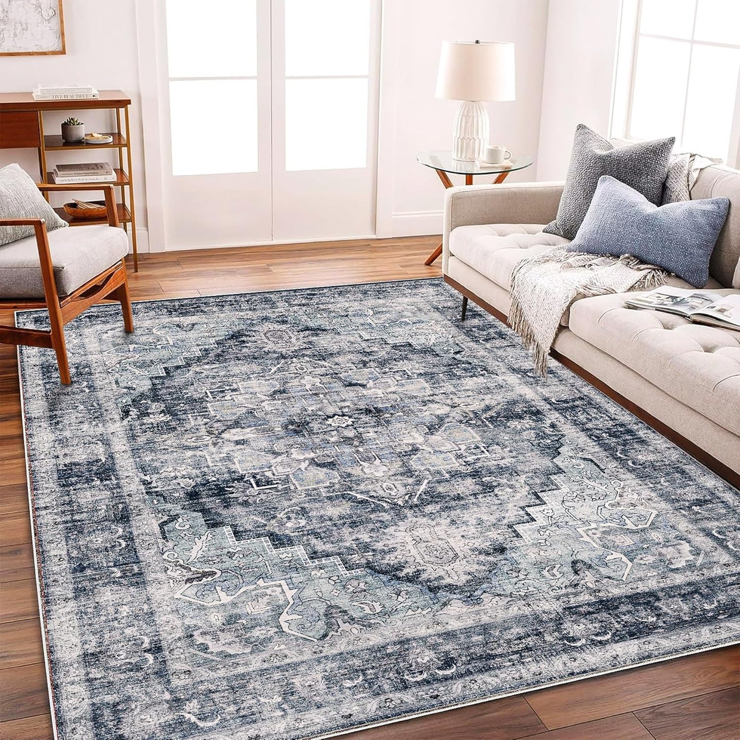 Area Rug 5'x7' Dark Blue Washable Vintage Traditional Floor Cover Thin Retro Kitchen Indoor Distressed Non Slip Carpet for Living Room Bedroom Dining Room