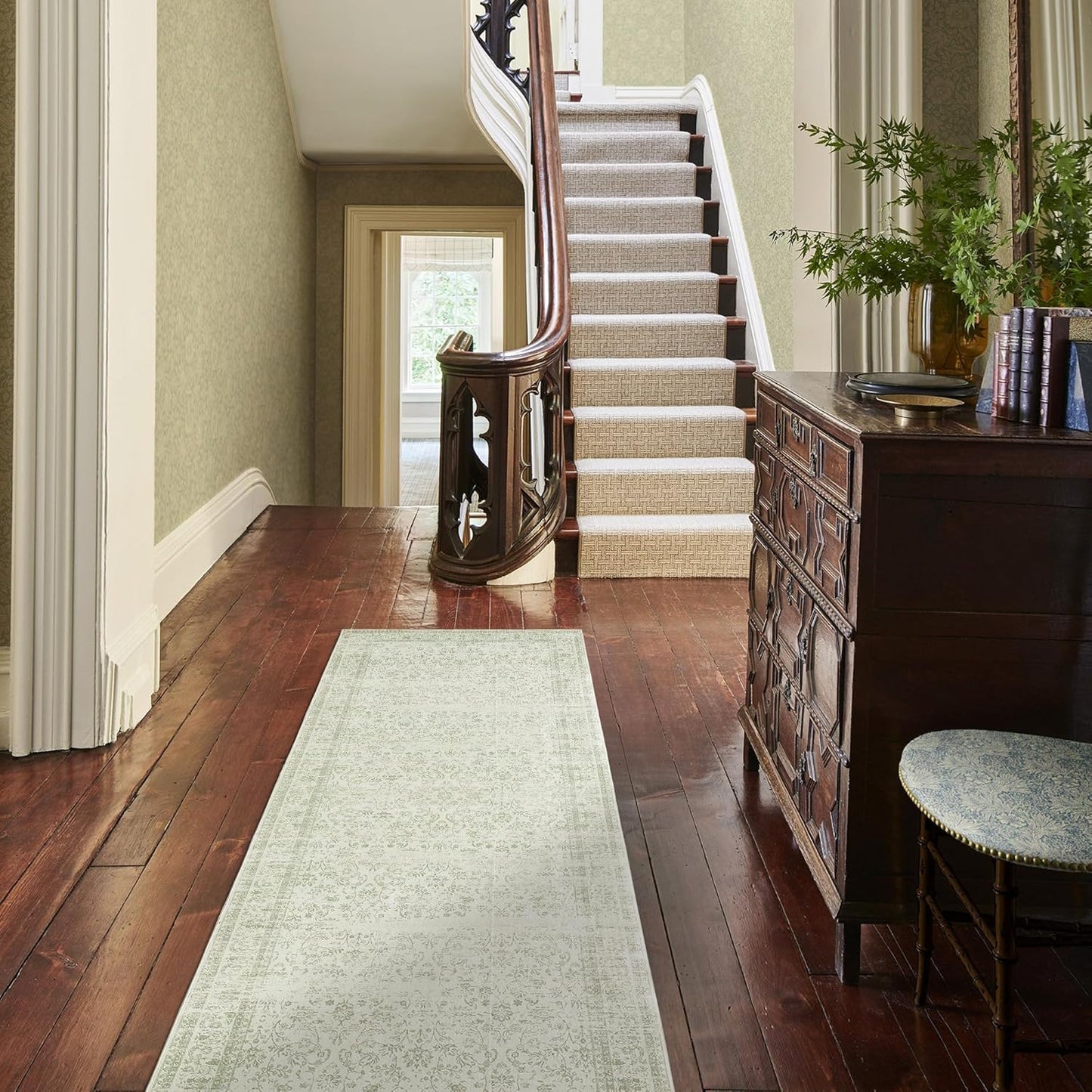 Sage Green Washable Bathroom Hallway Runner Rug Non Slip Vintage Boho Floral Long Runners Rugs for Entryway Indoor Laundry Room Bath Floor Kitchen,2x6