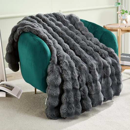 JONIYEAR Solid Thick Bubble Faux Rabbit Fur Throw Blanket 50" x 60", Decorative Bumpy Cute Cozy Fluffy Gray Warm Blanket for Winter,Reversible Luxe Fuzzy Textured Poofy Comfy Shag Furry Blankets, Grey