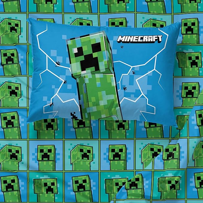 Jay Franco Kids Sheet Set with Fitted, Flat Sheets & Pillow Cover - Ultra-Soft Bedding with Pillowcase for Room Decor, Blue - Minecraft Creeper, 3 Piece Twin