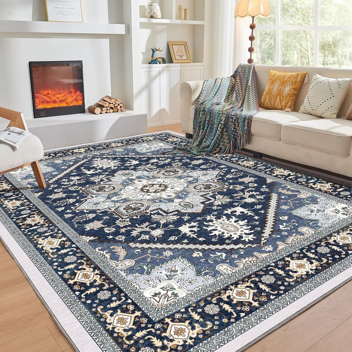 OPPODREAM Soft Area Rugs 9x12 Living Room, Washable Rugs 9x12 with Non Slip Backing, Faux Cashmere Low-Pile 9 x 12 Carpet, Navy Blue & Gold