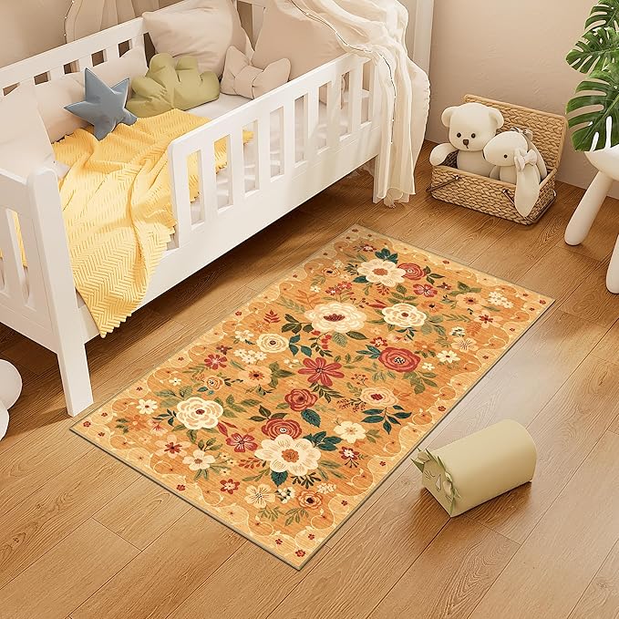 DUKINO 2x4 Rug for Entryway, Washable Kitchen Floral Runner Rug with Non Slip Backing, Low Pile Soft Boho Carpet for Kitchen, Hallway, Entryway, Laundry, Bedroom, Orange