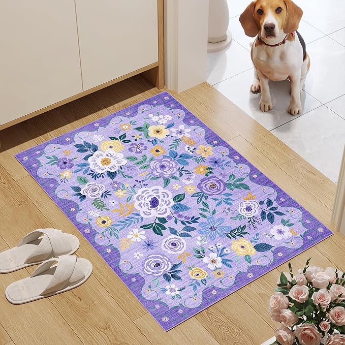 DUKINO 2x3 Rugs for Entryway, Floral Indoor Washable Door Mat, Non Slip Boho Small Rug for Kitchen, Soft Low Pile Front Door Throw Rug for Entrance, Bedroom, Kitchen, Laundry, Bathroom, Purple