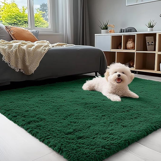 OLANLY 3x5 Machine Washable Small Bedside Rug, Soft Fluffy Shaggy Rugs for Living Room, Bedroom, Indoor Floor Carpet for Kids Girls and Boys, Preppy Dorms, Nursery, Home Decor Aesthetic, Dark Green