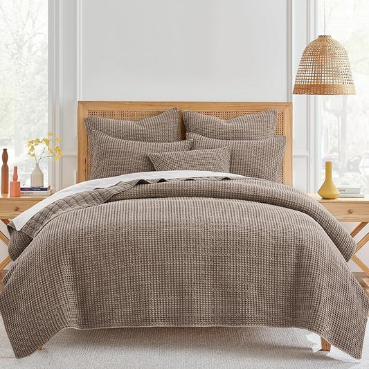 Levtex Home Mills Waffle Twin XL/Twin Quilt Set (68x86in) with 1 Pillow Sham (26x20in) - Cocoa - Cotton Waffle Twin Size Quilt Bedding Set - Lightweight, Soft, Pre-Washed