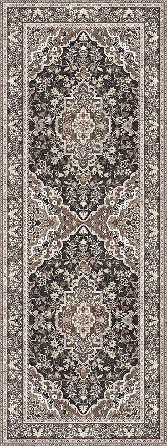 Washable Runner Rug 3x8 | Non Slip Rug Runners for Hallways, Entryways, Kitchens, Bathrooms, Bedrooms | Ultra-Soft Flannel Carpet Runners with Rubber Backing (Black Brown, 3x8)