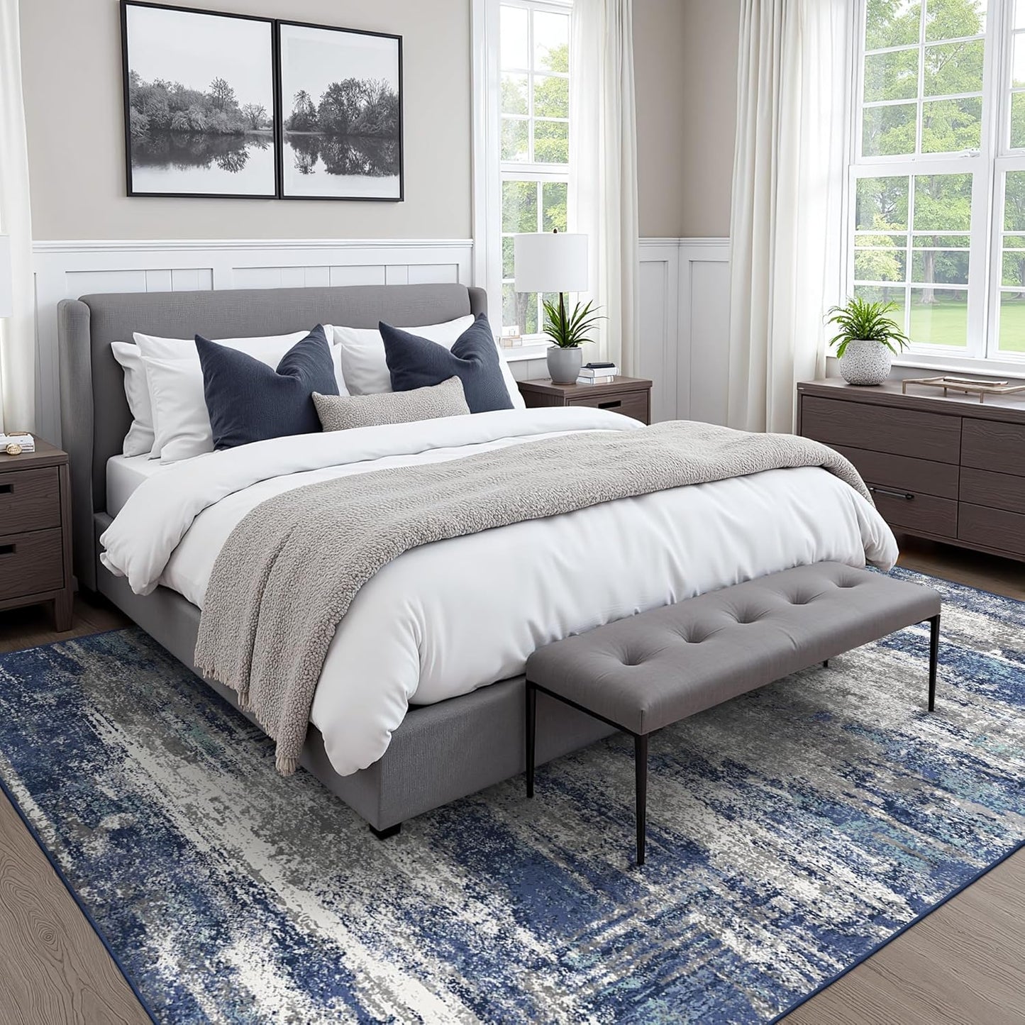 Area Rugs 3x5 for Living Room Bedroom, Indoor Modern Abstract Machine Washable Rug, Small Soft Low Pile Floor Carpet with Non Slip Backing for Entryway, Navy Blue Gray