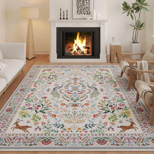 Living Room Rug 6x9 Rug Machine Washable Area Rug Floral Non-Slip Low Pile Large Rug for Living Room, Bedroom, Farmhouse, Dining Room, Kids Playroom(Colorful)