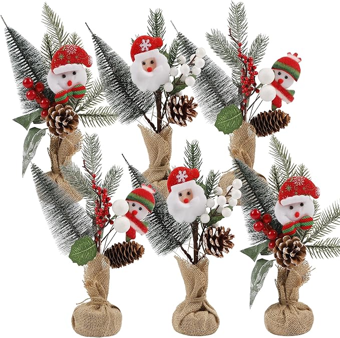 winemana 6 Pcs Small Christmas Tree Table Decorations Indoor, Mini Artificial Trees Plants with Pine Cones Santa Snowman for Tabletop Centerpiece Office Home Kitchen Xmas Holiday Decor
