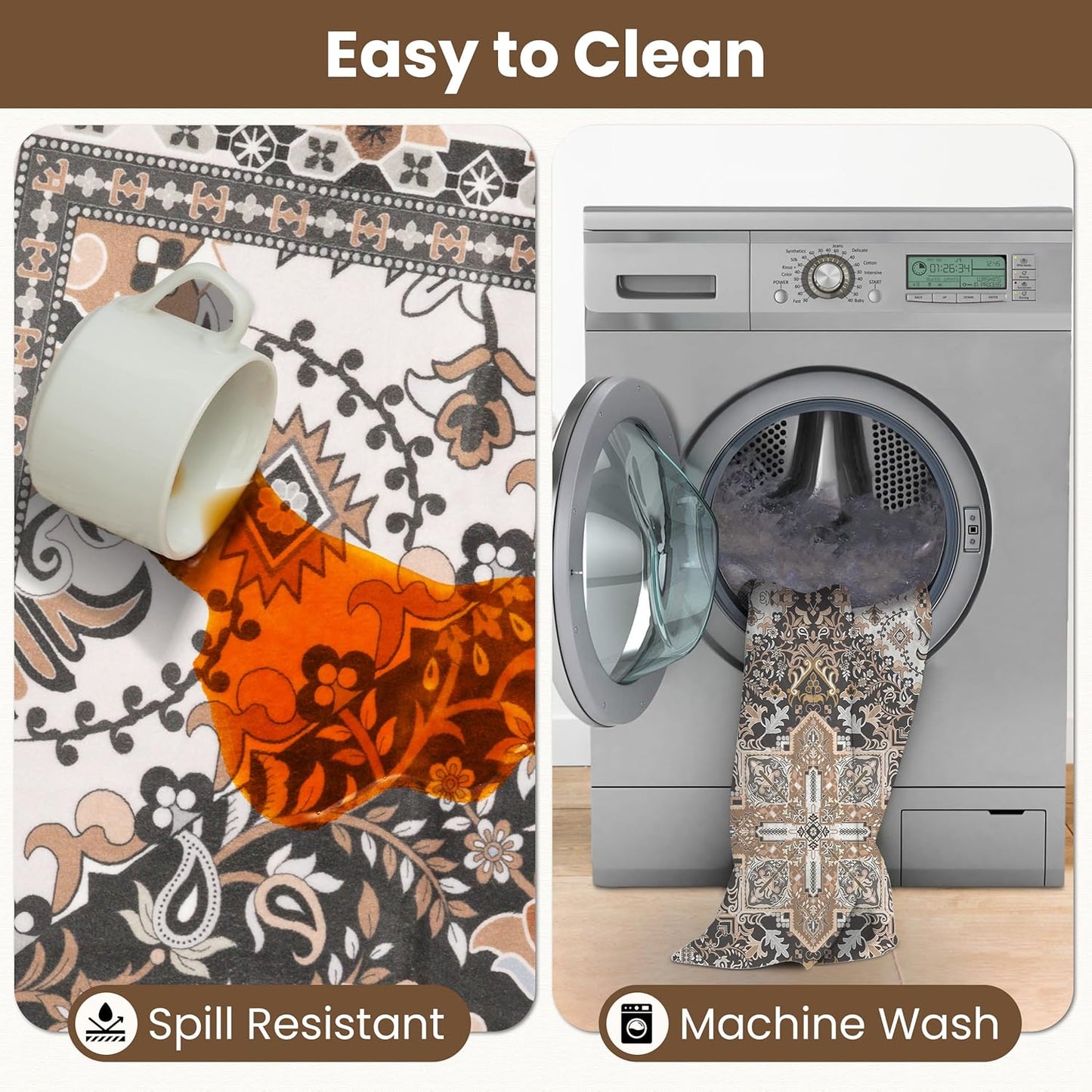 Washable Runner Rug 2.5x8 | Non Slip Rug Runners for Hallways, Entryways, Kitchens, Bathrooms, Bedrooms | Ultra-Soft Flannel Carpet Runners with Rubber Backing (Black Brown Cream, 2.5x8)