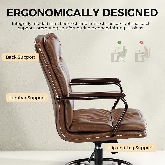 EUREKA ERGONOMIC Home Office Chair Ergonomic Desk Chair, Comfortable Office Chair Leather Executive Chair Mid Century Vintage 360° Swivel with Lumbar for Office Home Bedroom