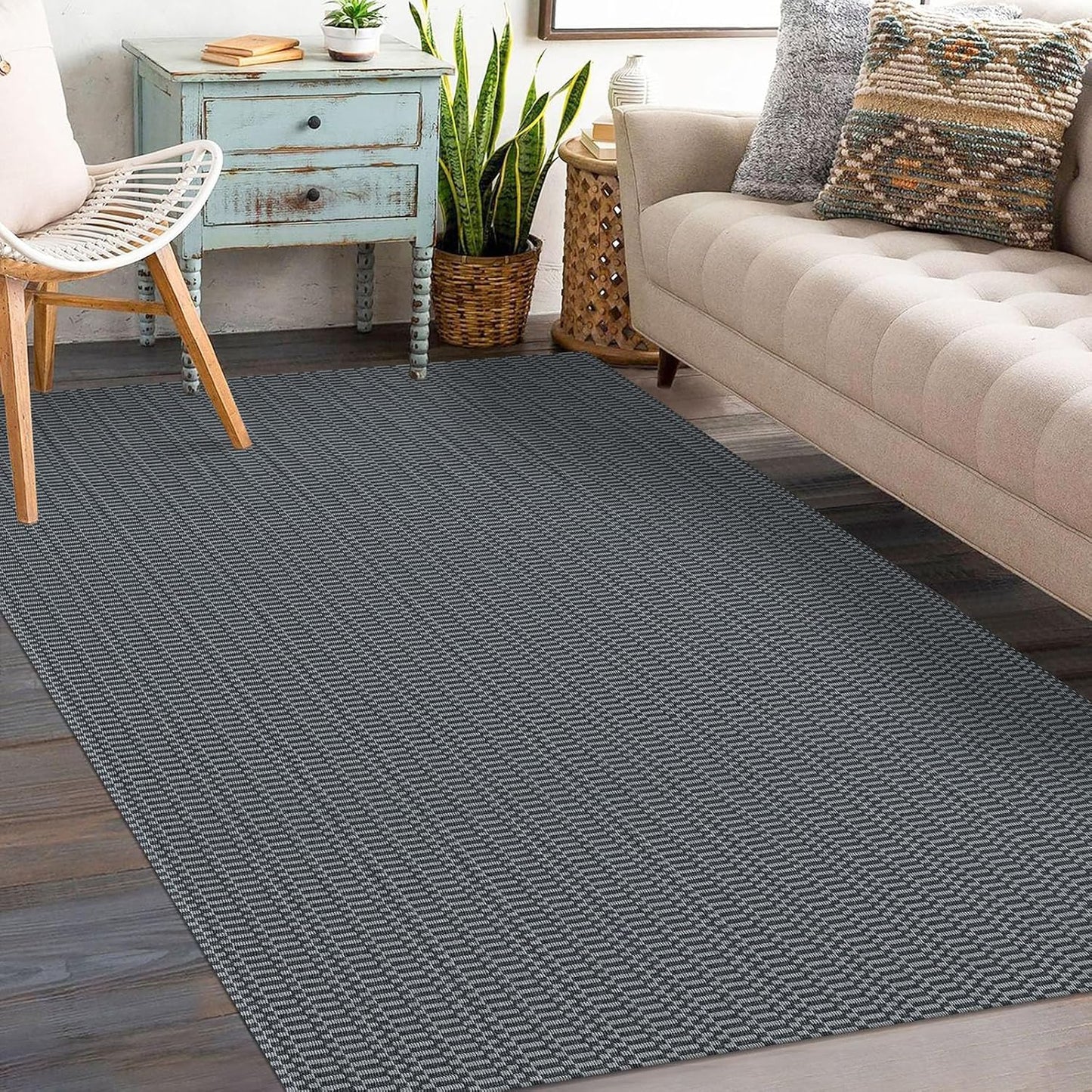 KOZYFLY Washable Entryway Rug 3x5 Ft Area Rugs Cotton Rubber Backed Throw Rugs Indoor Door Mat Kitchen Rugs Braided Floor Carpet for Front Entrance Kitchen Living Room, Grey/Charcoal Grey