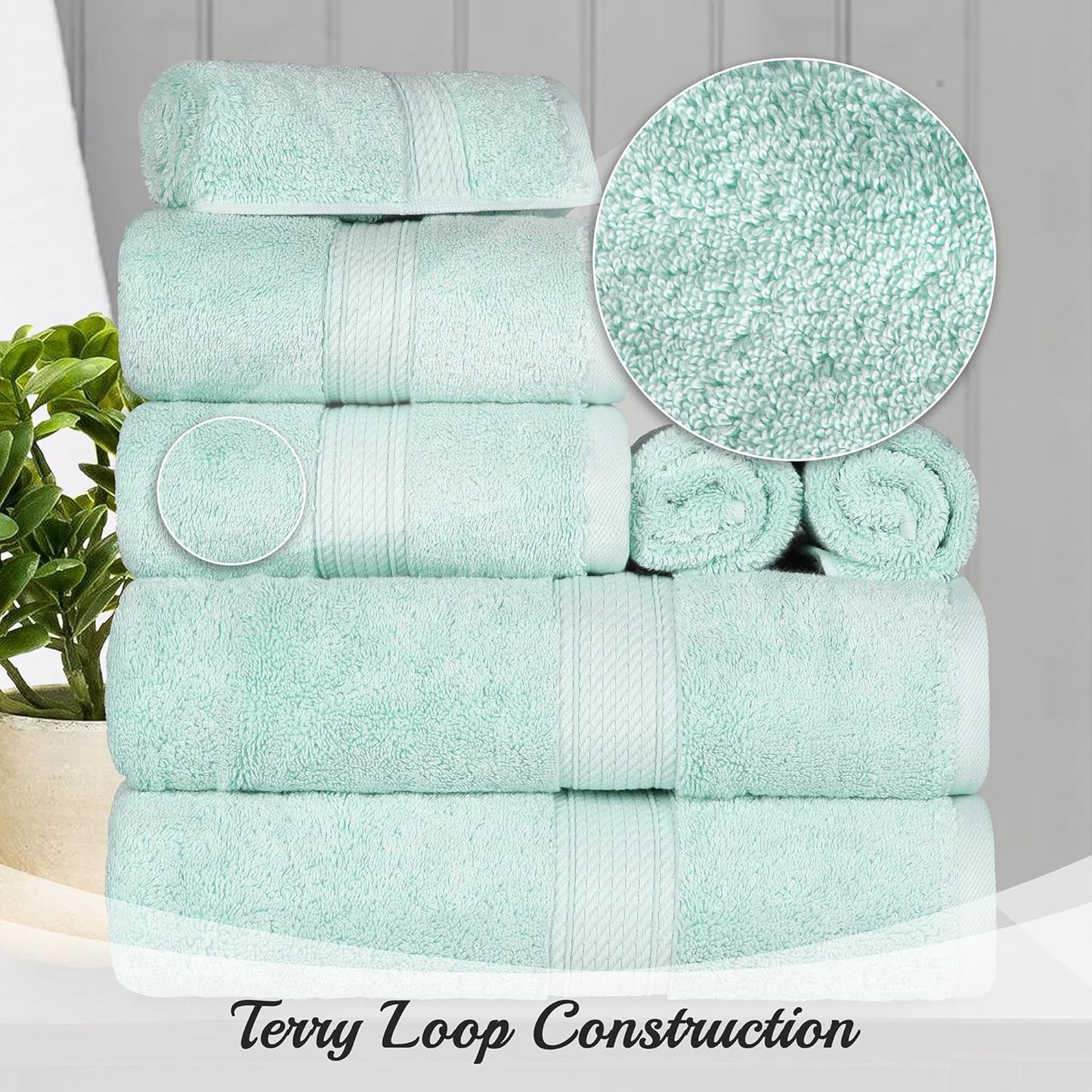 Superior Egyptian Cotton Pile Face Towel/Washcloth Set of 6, Ultra Soft Luxury Towels, Thick Plush Essentials, Absorbent Heavyweight, Guest Bath, Hotel, Spa, Home Bathroom, Shower Basics, Sea Foam