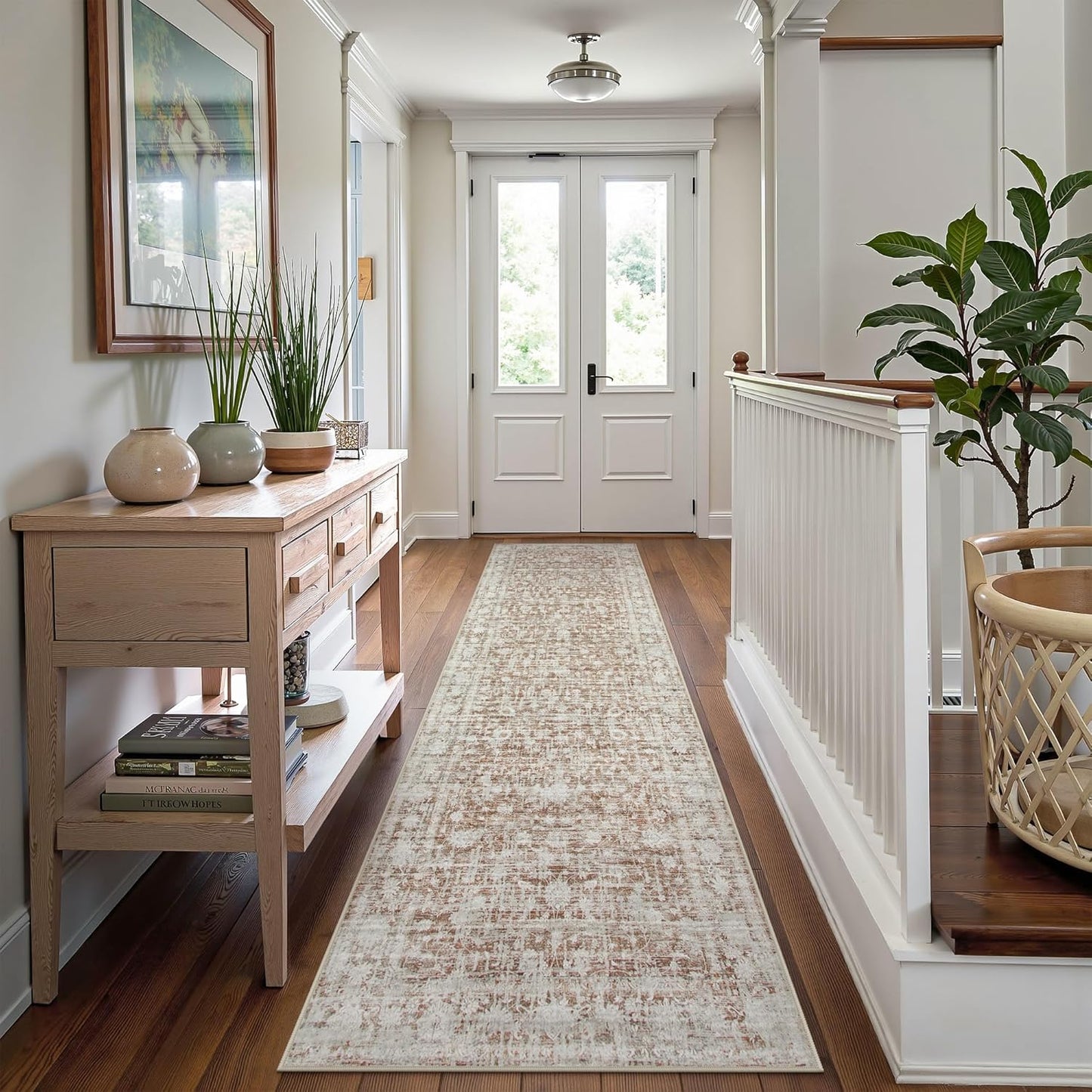 Vintage Runners for Hallways, 2'6"x10' Washable Runner Rug Non Slip, Ultra-Thin Soft Kitchen Runner Rug for Bedroom Bathroom, No Shedding Long Rugs for Entryway Indoor (2.6x10, Khaki/White)