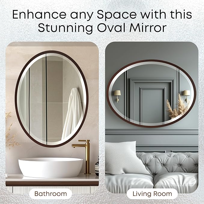 OVALCREST - Oval Wooden Beveled Wall Mirror for Home Decor, Bathroom, Vanity, Bedroom, Living Room, Hallway - London Style (Black Walnut) 13.1 x 17.1