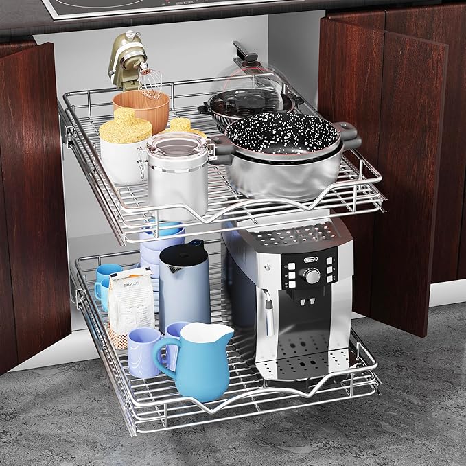 HOLDN’ STORAGE Two Tier Pull Out Cabinet Organizer, Individual Sliding Drawers - Heavy Duty Metal with Lifetime Limited Warranty - Anti Rust Chrome Finish - 28.5" W x 21”D x 16.5" H