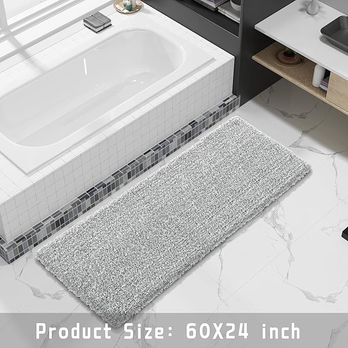 Yimobra Luxury Bathroom Rugs, Fluffy Bath Mats, Non Slip, Water Absorbent Microfiber, Machine Washable, Plush Runner Shower Rugs, Thick Matts for Bathroom Floor&Tub, 60"x 24", Light Gray and White