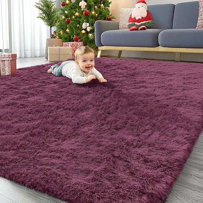 OLANLY 8x10 Machine Washable Large Area Rugs for Living Room, Bedroom, Soft Fluffy Shaggy Bedside Rug, Indoor Floor Carpet for Kids Girls and Boys, Dorms, Nursery, Home Decor Aesthetic, Burgundy